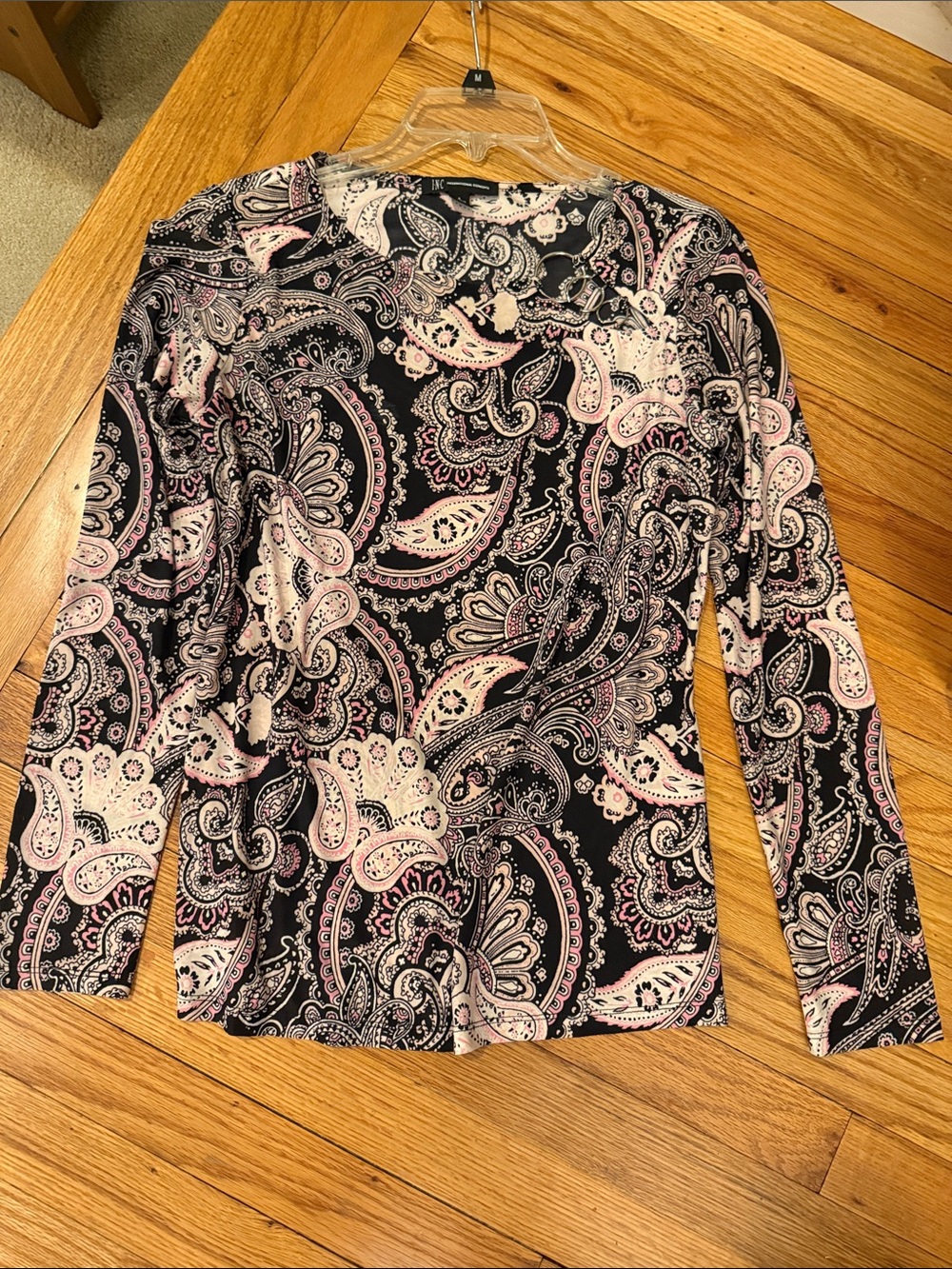 INC International Concepts Black Paisley Long Sleeve Top with Pink Accents
